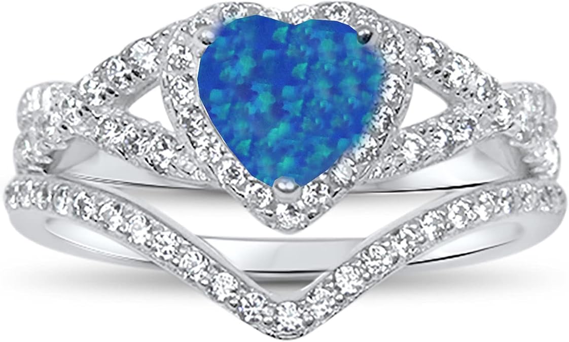 LaRaso & Co Heart Sterling Silver Blue Opal Wedding Engagement Ring Set for Women Size 5
