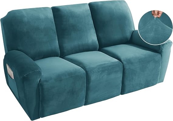 MAXIJIN 8 Pieces Recliner Sofa Covers, Stretch Velvet Reclining Couch Covers for 3 Cushion Furniture Covers, Thick, Soft, Washable Reclining Sofa Slipcovers (Sofa Recliner, Peacock Blue)