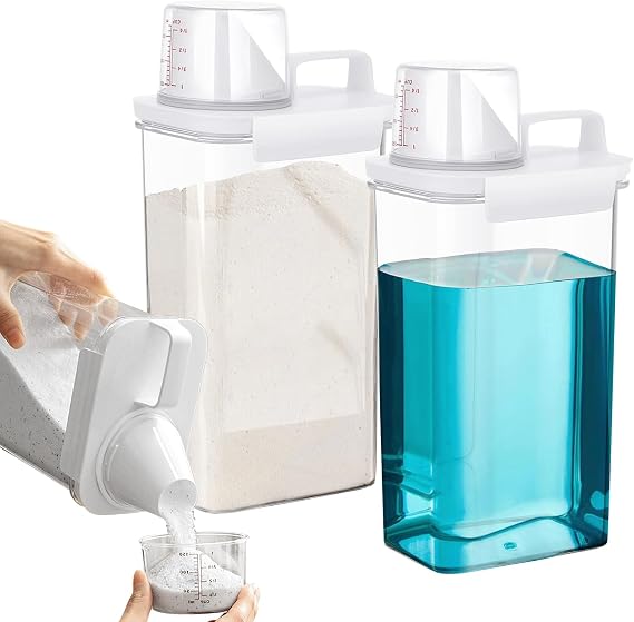 2300 ml Laundry Detergent Storage Box Pack of 2 Washing Powder Dispenser with Measuring Cup Detergent Box for Powder and Cereal Storage Detergent Dispenser Dosing Aid Liquid Detergent