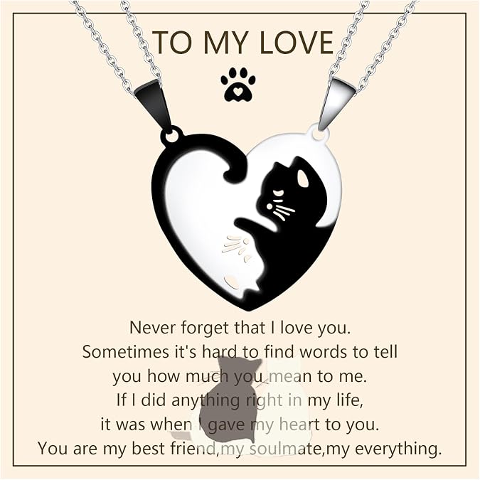 QianSiLi Couples Necklace Matching Necklace for Couples Cat Heart Jewelry Pendant Necklace Stainless Steel Friendship Necklace Gift for Couple Girls