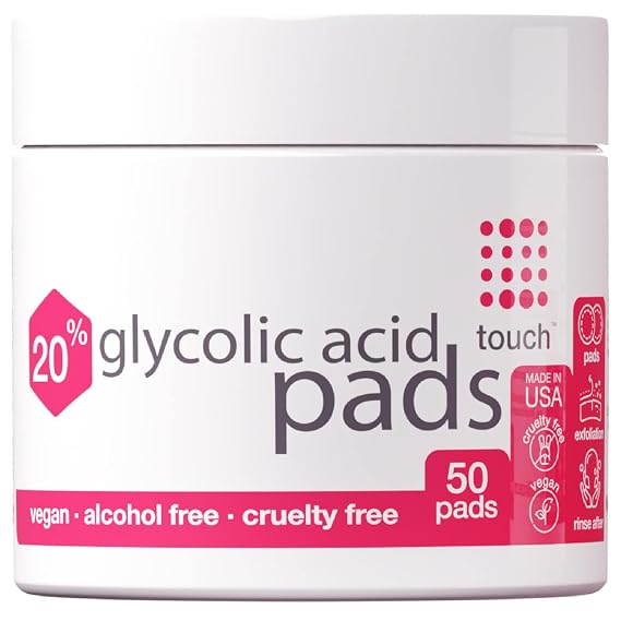 TOUCH 20% Glycolic Acid Pads, Exfoliating Face Wipes, 50 Count | Salon strength AHA peel pads help refine the look of pores and soften fine lines and uneven tone.
