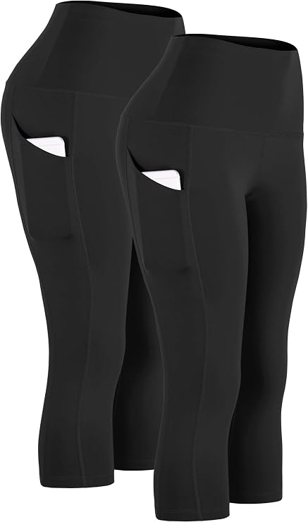 CADMUS Womens High Waist Workout Legging Capris for Yoga w Side Pockets