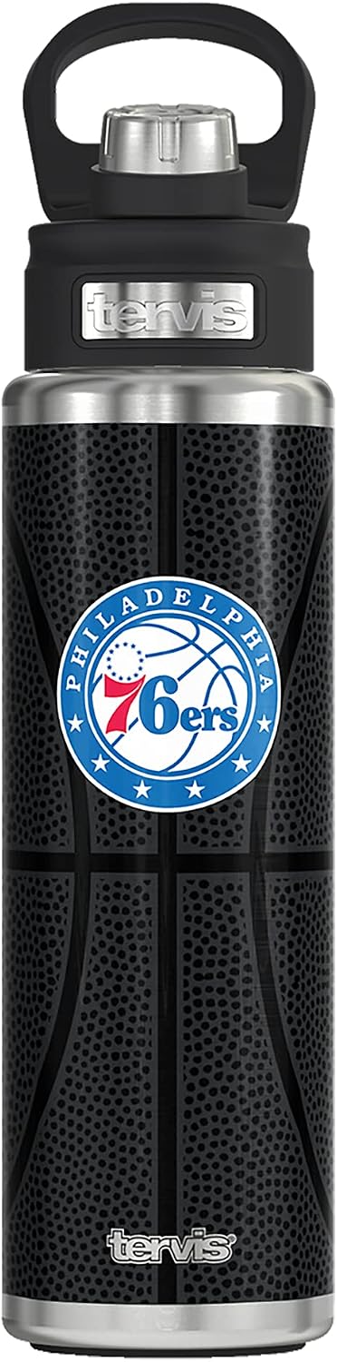 Tervis NBA Philadelphia 76ers Leather Triple Walled Insulated Tumbler, 24oz Wide Mouth Bottle, Stainless Steel
