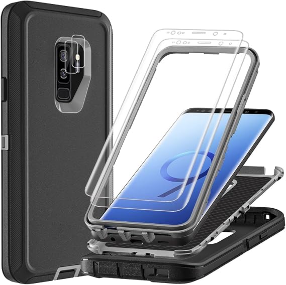 for Samsung Galaxy S9 Plus Case with 2Pcs Self Healing Flexible TPU Screen Protector & Camera Lens Protector, 3 in 1 Heavy Duty Shockproof/Drop Proof/Dust Proof Case (Black/Grey)
