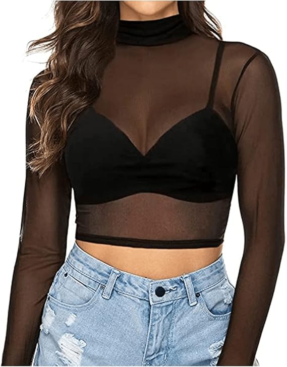 Womens Sheer Mesh Tops Shirts, Long Sleeve Mock Neck See-Through Slim Ladies Blouse T-Shirt Clubwear