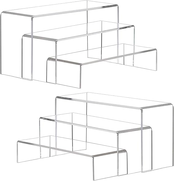 ANDGOO Large Acrylic Display Risers, 2 Sets(11.2”L~11.6”L~12”L) Clear Rectangular Showcase Collectibles Display Shelf, Retail Desktop Risers Display Stand for Organize and Decoration
