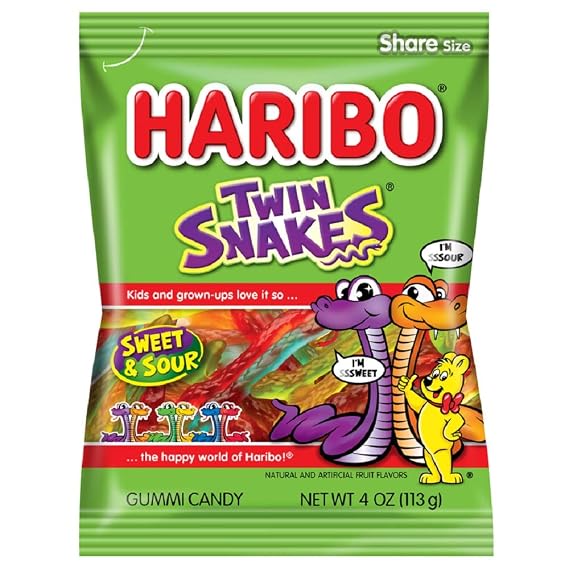 HARIBO Twin Snakes Sweet & Sour Gummy Candy, 4 oz. Bag (Pack of 12)