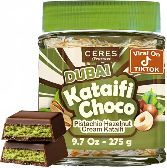 Ceres Gourmet Dubai Spreadable Chocolate Pistachio Kataifi Spread 275 g | Roasted Phyllo Kataifi with Creamy Pistachio Rich Chocolate Spread Perfect for Breakfast Desserts Toast Waffles and Snacks