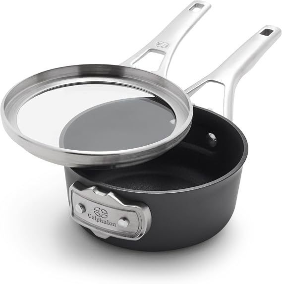 Calphalon Premier Space Saving 1.5 Quart Sauce Pan with Lid, Hard-Anodized Nonstick Cookware with MineralShield Technology, Dishwasher and Oven Safe