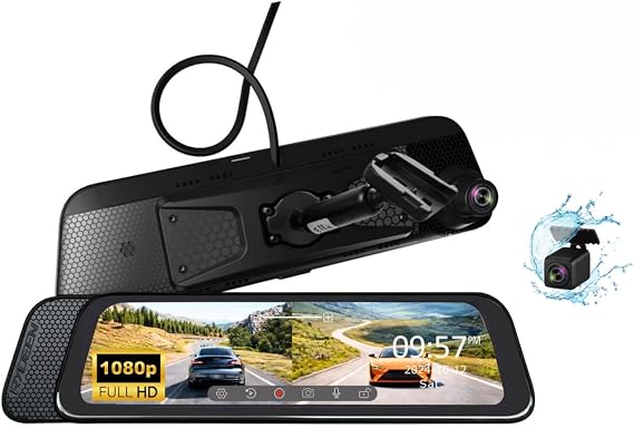 R10-SPL Digital Rearview Mirror, 10" Touchscreen, 1080P Front Camera | G-Sensor, Parking Monitor, Loop Recording, CMOS Sensor, Night Vision, Hardwire Kit & Mirror Replacement Mount Included