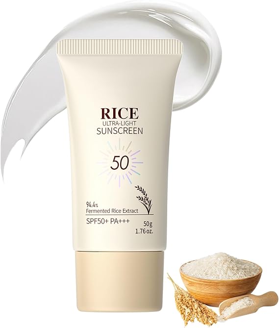 Rice Sunscreen SPF 50 Face Moisturiser, Ultra-Light Sun Cream Face & Body, Korean Rice SPF 50 Face Sunscreen with UVA/UVB Protection, Brightens & Protects Dry Sensitive Skin, Non-Greasy