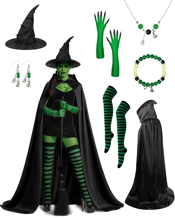 Halloween Witch Costume Women Accessories - Adult Witch Costume with Hooded Cloak Cape, Witches Hat, Green Gloves