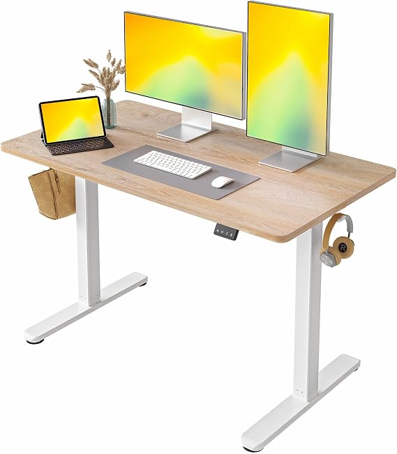 FEZIBO Height Adjustable Electric Standing Desk, Rising desk, 120 * 60 cm Stand up Table,Sit Stand Home Office Desk with Splice Board, White Frame/Oak Top