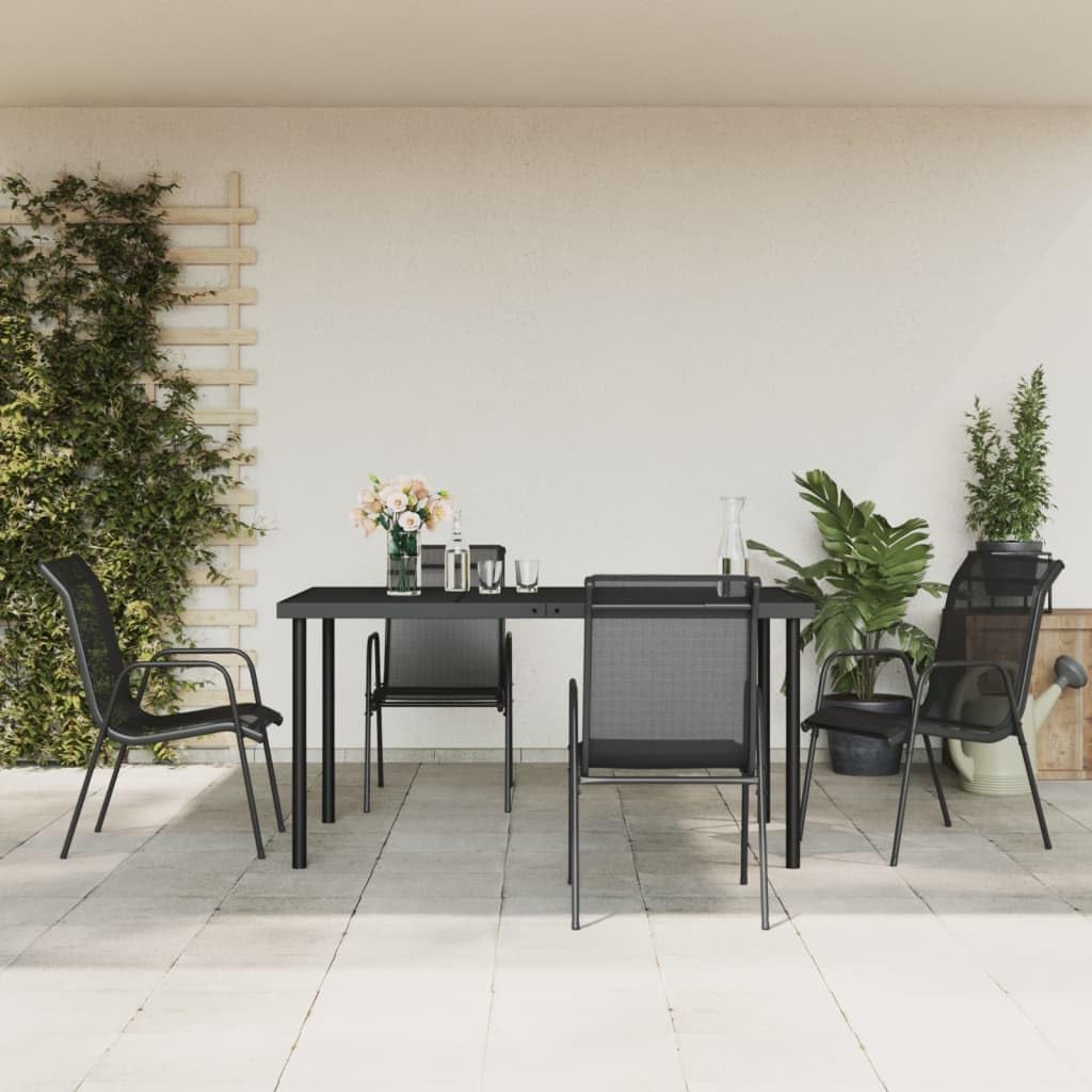 5 Piece Outdoor Dining Set Black Steel and Textilene, Patio Furniture with Tempered Glass Table & 4 Armchairs, Weather-Resistant Garden Bistro Set for Backyard, Poolside, Balcony