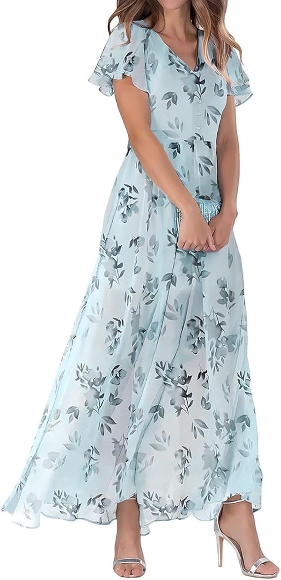 Maxi Dresses for Women,2025 Summer Trendy Floral Boho Dress,Casual V Neck Short Sleeve Chiffon Flowy Beach Dress