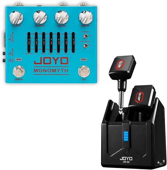 JOYO JW-06 5.8GHz Wireless Guitar System with Charging Case and R-26 Bass Guitar Pedals Overdrive with EQ and Noise Reduction