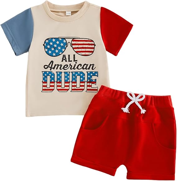 Toddler Baby Boy 4th of July Outfit All American Dude Sunglasses Short Sleeve T Shirt Top Shorts Set Patriotic Outfit