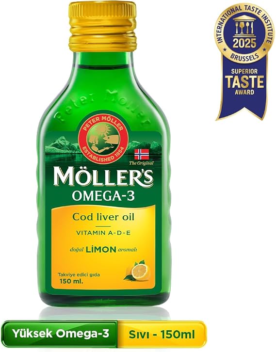 Möller's Omega 3 Limon Aromalı 150 ml; saf morina balığı yağı, IFOS Onaylı, DHA, EPA, A D E vitamini. Çocuklar ve yetişkinler için