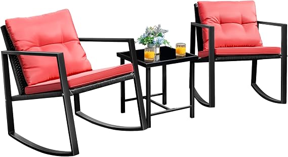 Flamaker Patio Chairs 3 Piece Wicker Rocking Chair Bistro Sets, Red