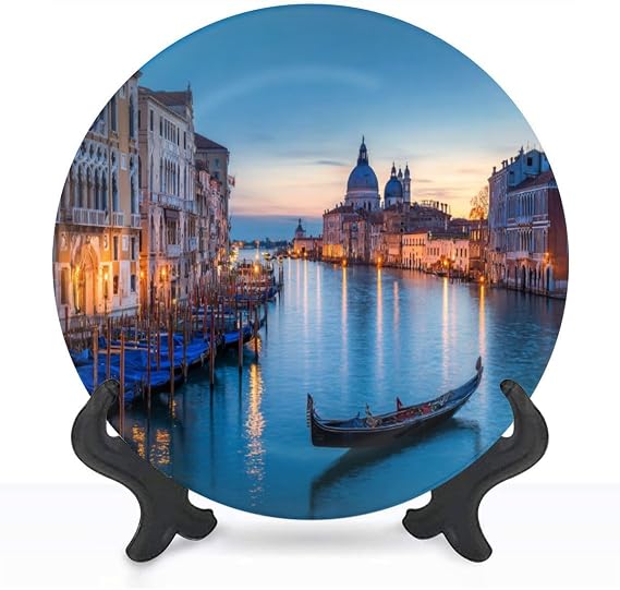Decorative Ceramic Plates for Display with Stand, 8" Venice sunrise gondolas San Venice Italy Dinner Plate for Wall Hanging Tabletop Decor Home Housewarming Gifts