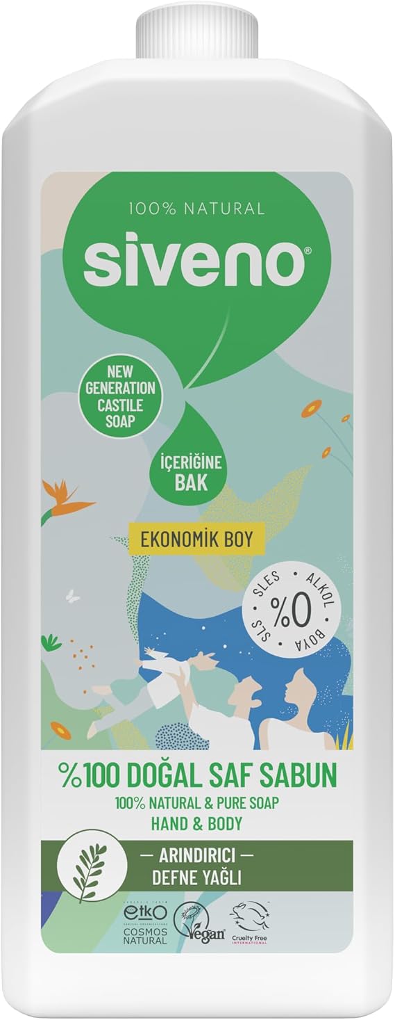Siveno %100 Doğal Sıvı Kastil Sabun Defne Yağlı Yoğun Nemlendirici Arındırıcı Bitkisel Vegan 1000 ml