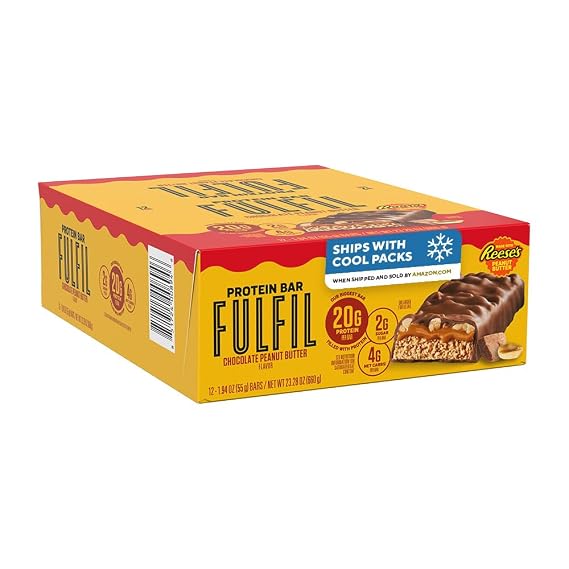 FULFIL Reese's Chocolate Peanut Butter Protein Bars, 20g Protein, 12 ct | 20g Protein, 2g Sugar, 3g Net Carbs, Protein Snack for Breakfast, Workout and Travel, Gluten Free Snacks, 12 Snack Bars