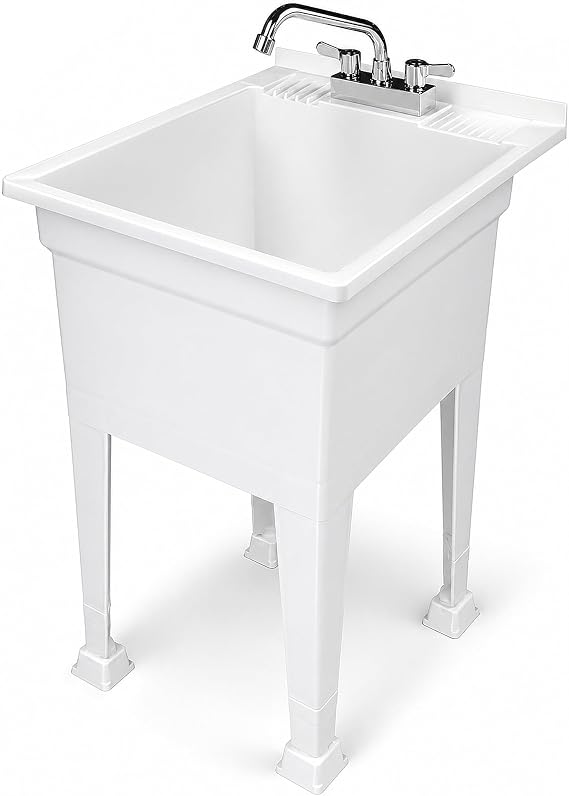 UTILITYSINKS Freestanding Utility Tub Sink with Quick Connect Drain, 18 x 24", White - Portable and Compact Sink with Faucet for Outdoor Kitchen, Laundry Room, Garage, and Basement