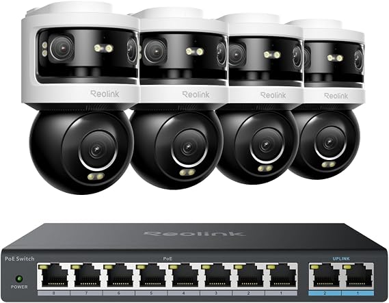REOLINK Triple-Lens Security Camera Outdoor, 10MP 180 Panoramic & 4K PT with Auto Tracking, Switch with 8 Ports and 2 Gigabit Uplink Ports, OMVI 3i PoE x4 Bundle with PoE Switch