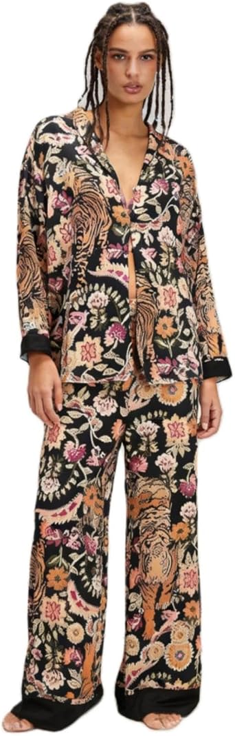 Womens Y2k Silk Pajama Sets Floral Print Long Sleeve Button Down Shirts Wide Leg Pants 2 Piece Lounge Sets