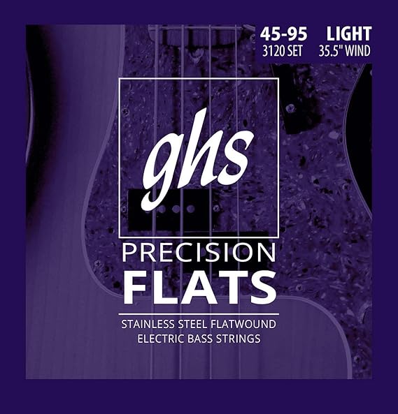 GHS Strings Medium Scale, 4-String Bass Precision Flats, Stainless Steel Flatwound, 35.5" Winding, Light (45-95) (3120)