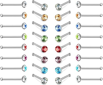 Charisma 40pcs Small Nose Studs Stainless Steel CZ Nose Piercing Jewelry Tiny Bone Studs for Women Men Hypoallergenic 1.5mm,Multi-Color CZ,22G