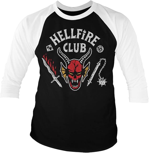 Stranger Things Officially Licensed Hellfire Club Baseball 3/4 Sleeve T-Shirt (White-Black), XX-Large