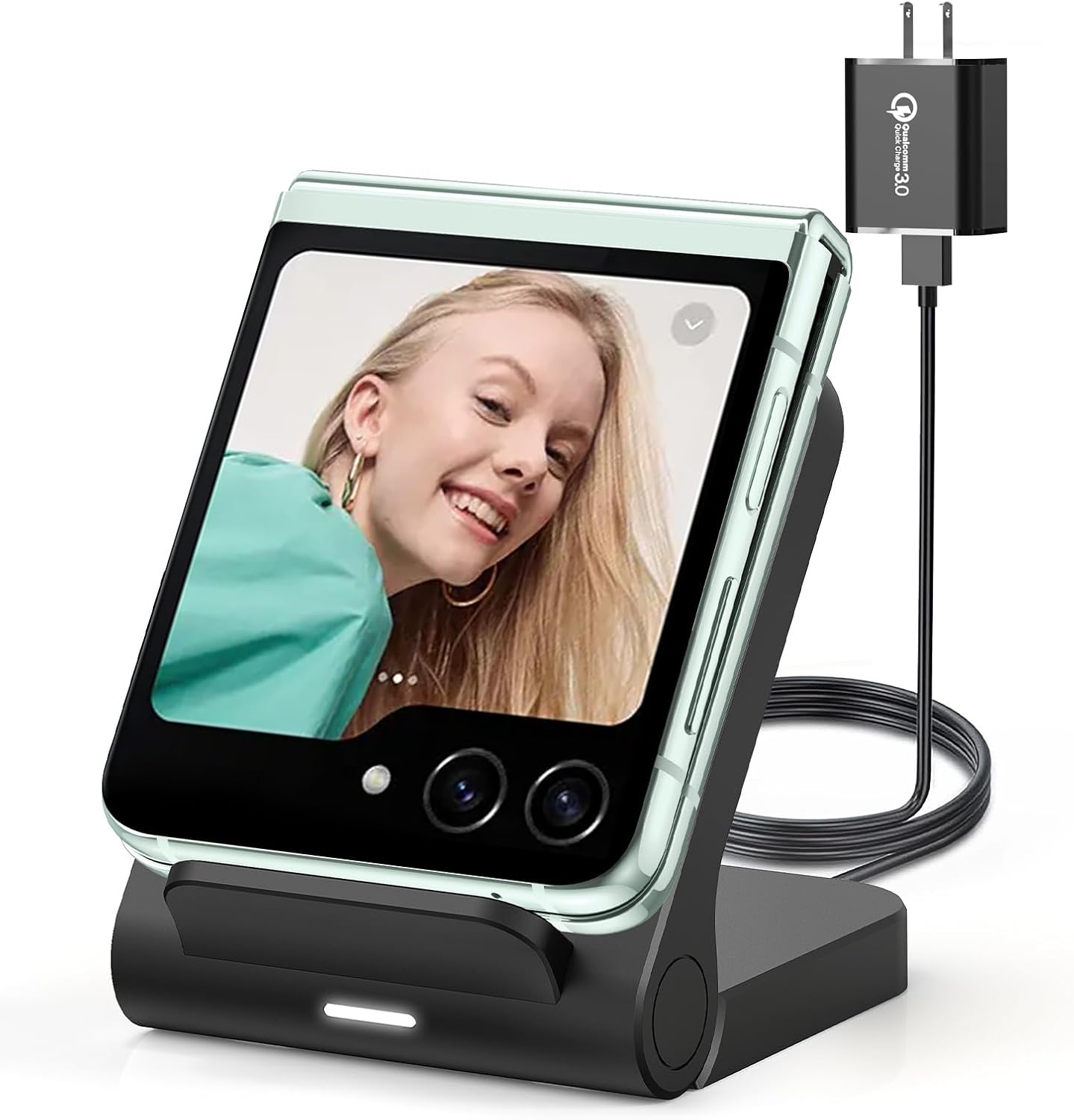 Geyo Wireless Charger for Samsung Galaxy Z Flip, 15W Fast Wireless Charging Stand, Compatible with Z Flip 7654, for Motorola RazrRazrRazr Ultra 2025, Non-Fold QC3.0 Adapter Included Black