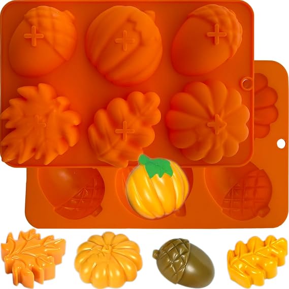 2PCS Fall Silicone Molds, 3D Pumpkin Mold Halloween Thanksgiving Candy Chocolate Mold Autumn Maple Leaf Acorn Shape Cake Pan Soap Ice Cube Mold Baking Tray Molds for Cake Decoration Resin Candle