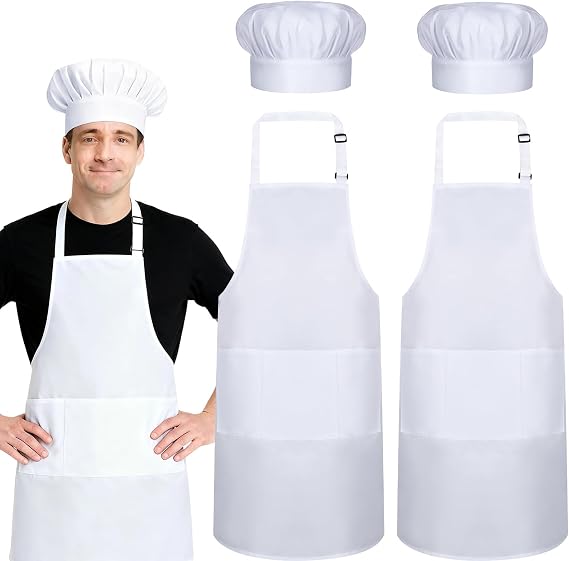 2 Pack White Chef Apron Set, Bib Apron with 3 Pockets & Adjustable Hat for Bakers, Cooking Enthusiasts & Kitchen Staff