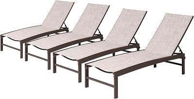 Patio Aluminum Chaise Lounge Chair, Set of 4 Outdoor Recliner Lounge Chair Sun Loungers, All Weather Chaise with 5 Adjustable Backrest and Lay Flat Positions for Garden, Balcony, Pool