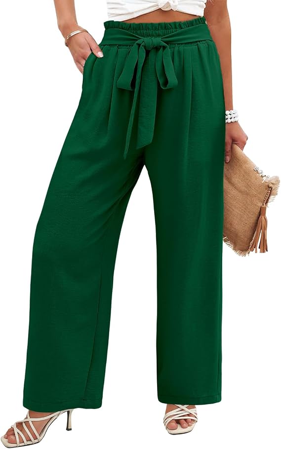 Angerella Womens Wide Leg Pants High Elastic Waist Adjustable Knot Casual Flowy Trousers Business Work Pants with Pockets