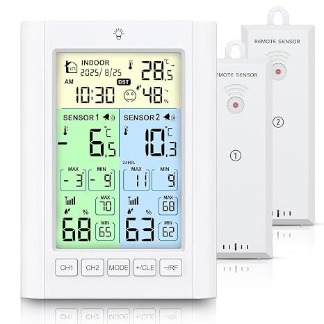 Brifit Kühlschrank Thermometer mit 2 Sensoren Digitale Gefrierschrank Thermometer mit Temperatur Alarm Farbdisplay Hintergrundlicht Max/Min DST Zeit Kalender ℃/℉ Dual-Power-Modus für Familie