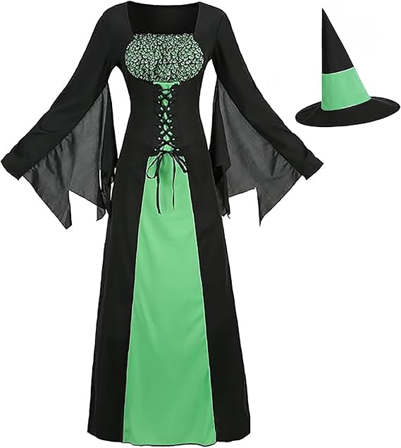 Witch Dress for Women, Medieval Vintage Wicked Witch Halloween Costume Gothic Sorceress Cosplay Long Dresses