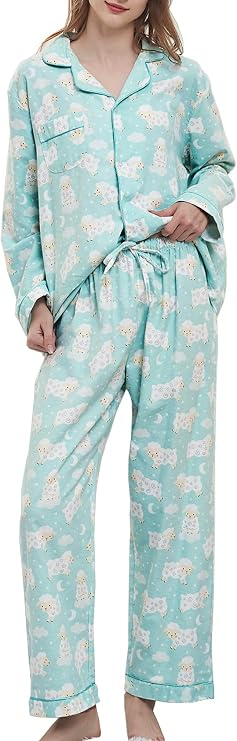 CHUNG Women Flannel Pajamas Set Brushed Cotton Button Tops Pants S-XL Sleepwear Loungewear Cozy Warm Winter