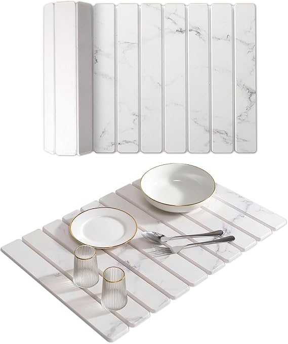 Large Stone Dish Drying Mat, Collapsible Stone Drying Mat for Kitchen Counter 24"(L)16"(W) Absorbent Diatomaceous Earth Drying Mat, Quick Dish Drying Mats for Cups Dishes Bathroom Marble Pattern