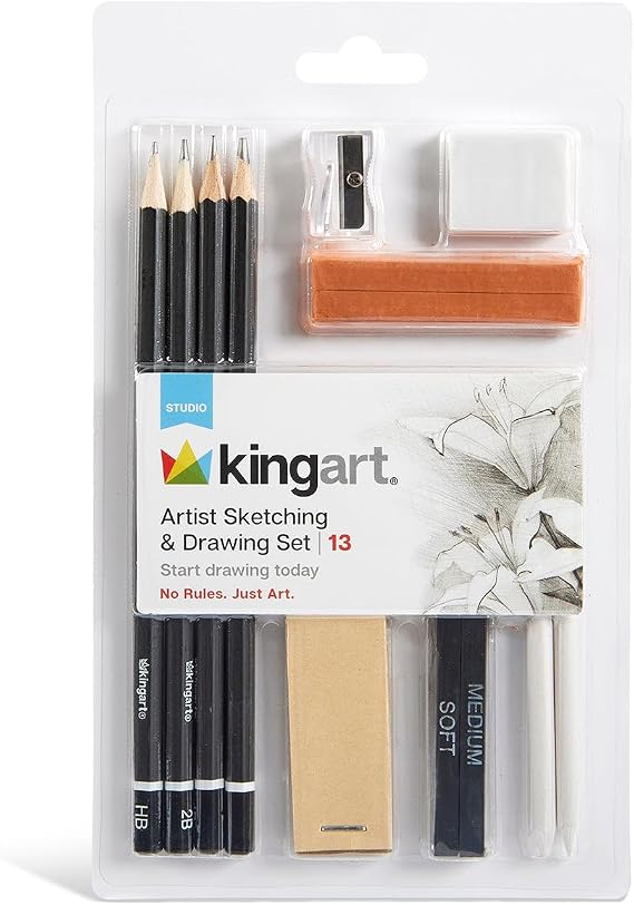 KINGART 13-Piece Sketching & Drawing Set Complete Artist Kit with Graphite, Charcoal & Pastel Pencils, Blending Tools & Eraser in Portable Case Art Supplies for Beginners & Professional Artists
