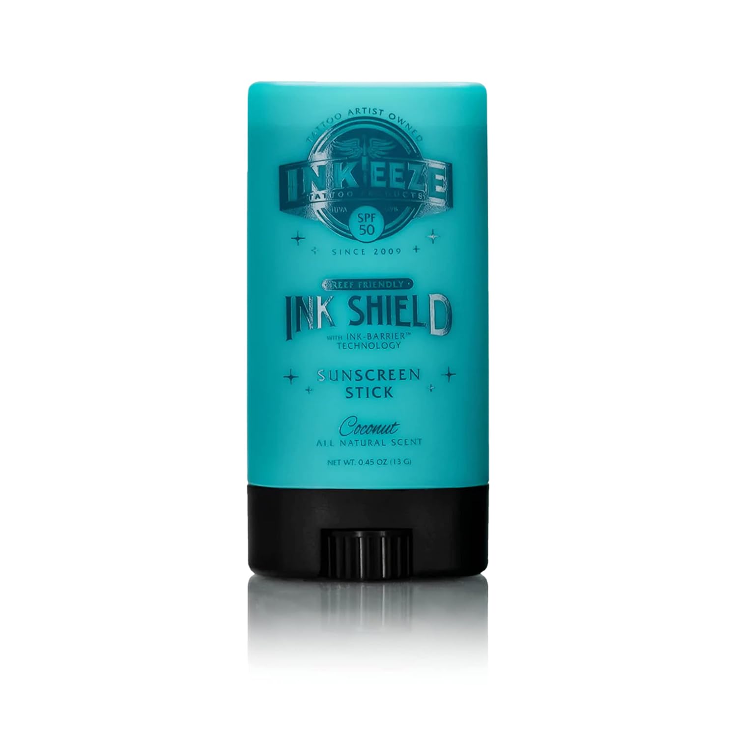 INK-EEZE Tattoo Sunscreen Stick SPF 50, Ink Shield, UVAUVB Blocking, Dries Clear, Ozone Reef Friendly, Vegan, Made in USA, Coconut, 0.5oz Stick