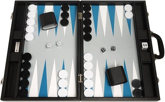 19-inch Premium Backgammon Set - Large Size - Black with White and Astral Blue Points