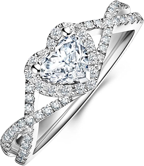DIYA 1CT Heart Moissanite Engagement Wedding Rings for Women 925 Sterling Silver Split Shank Promise Halo Eternity Bands Anniversary Christmas