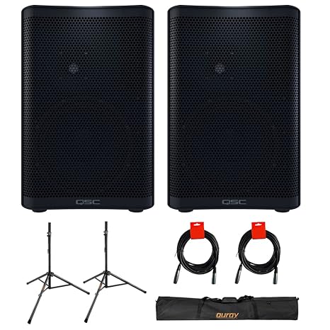 QSC CP8 Two-Way 8" 1000W Compact Powered Loudspeaker with DSP (Pair) with Auray SS-47S-PB Steel Speaker Stand with Case and 2X XLR-XLR Cable