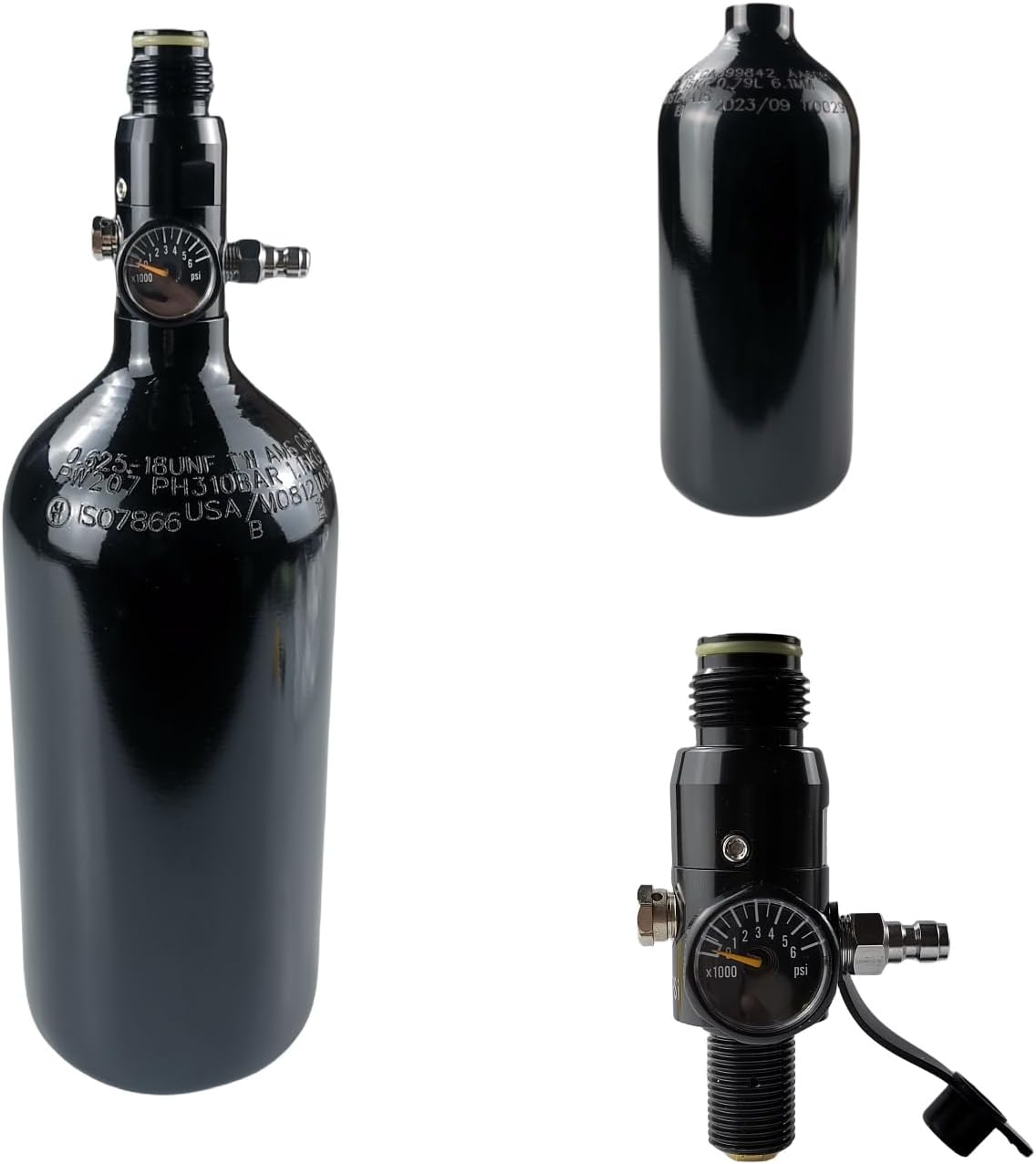 483000 Paintball Tank System, 48ci HPA Tank, Flat Bottom Paintball Air Tank, Aluminum PCP Air Tank, 3000psi Input 800psi Output 58-18UNF Inlet and G12-14 Outlet Thread Paintball Regulator