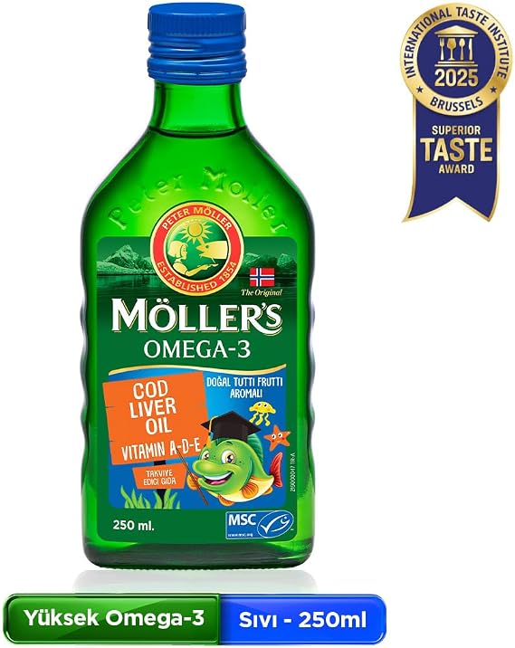 Möller's Omega 3 Tutti Frutti 250 ml; saf morina balığı yağı, IFOS Onaylı, DHA, EPA, A D E vitamini. Çocuklar ve yetişkinler için doğal omega-3