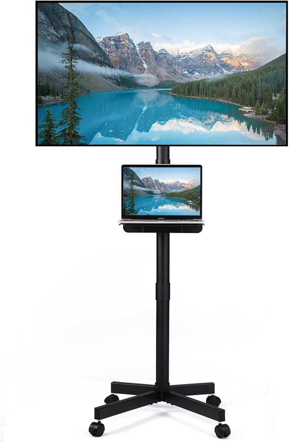 Tall Rolling TV Stand for 23-60 Inch TVs, Mobile TV Stand with Shelf and Wheels for Living Room Bedroom Office Outdoor, Portable Metal TV Cart with Adjustable Height, Heavy Duty