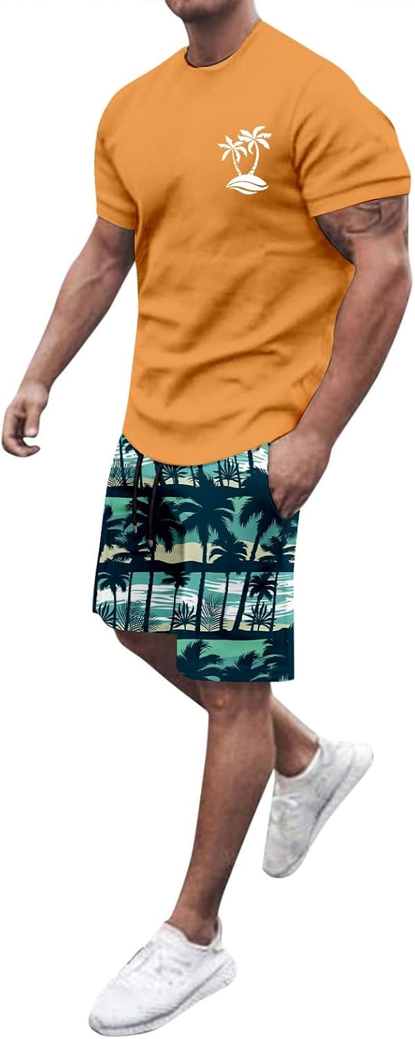 Men's Summer Set Plus Size Short Tee Shirt Set Short Sleeve Straight Elastic Waist Loose Fit Printed Casual Comfortable Chic Streetwear Outdoors Beach Suits